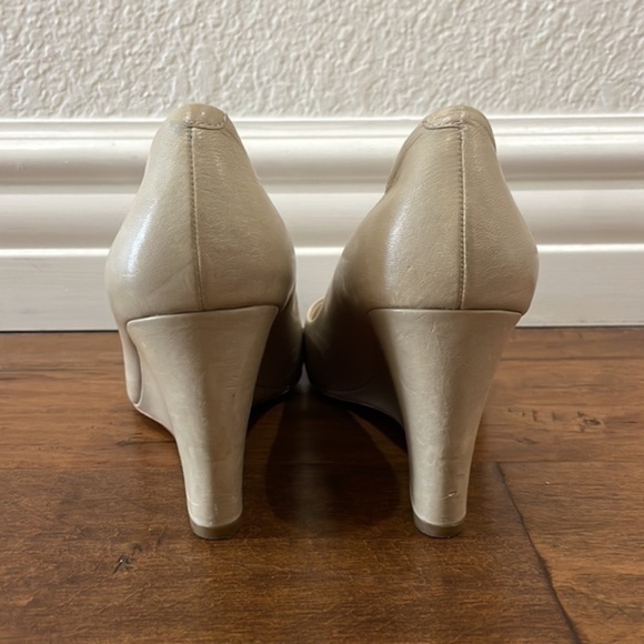 Coach Kellen Taupe Leather Peep Toe Wedge Heels - Picture 3 of 9